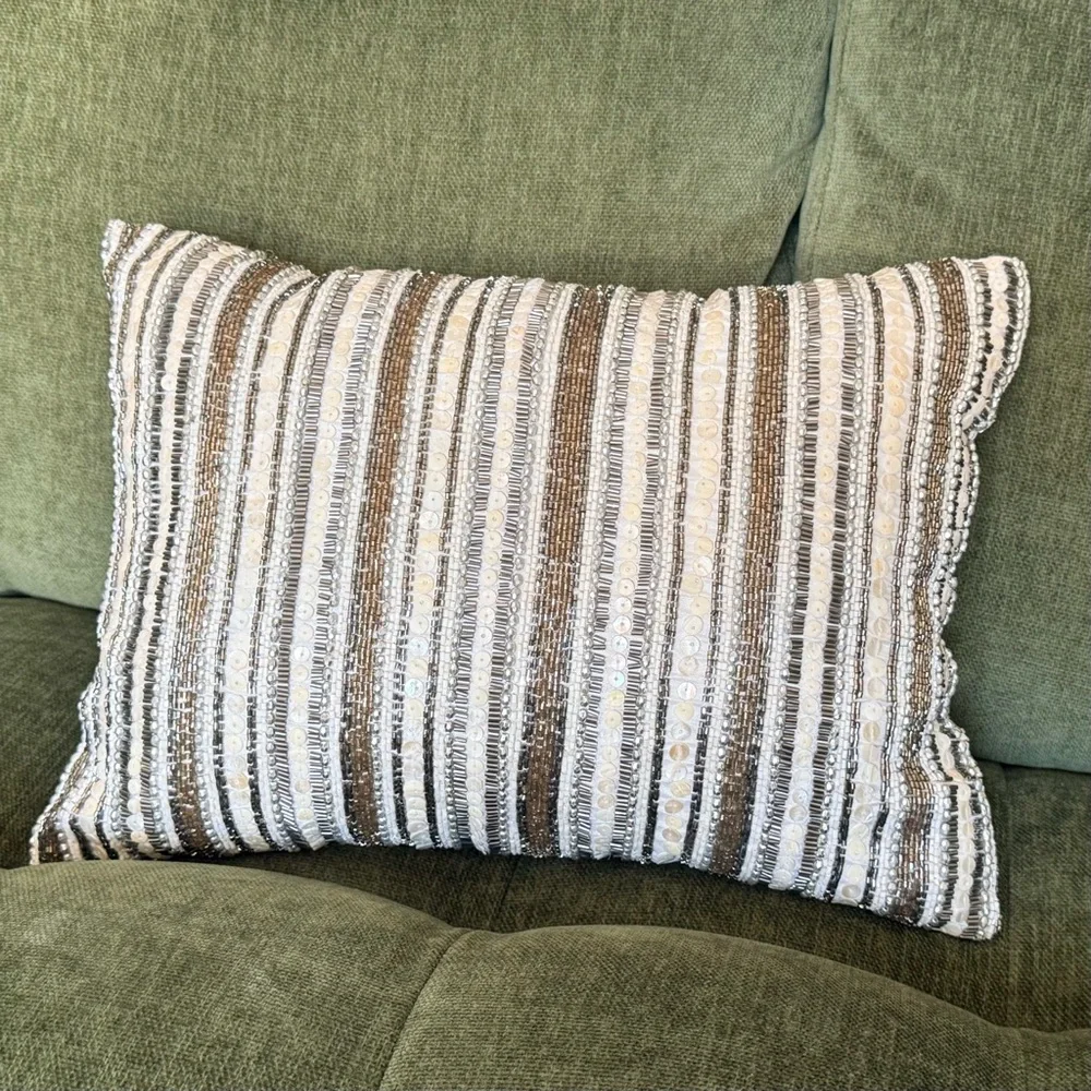 🧸 Striped Beaded Accent Pillow in Cream, Bronze, & Silver